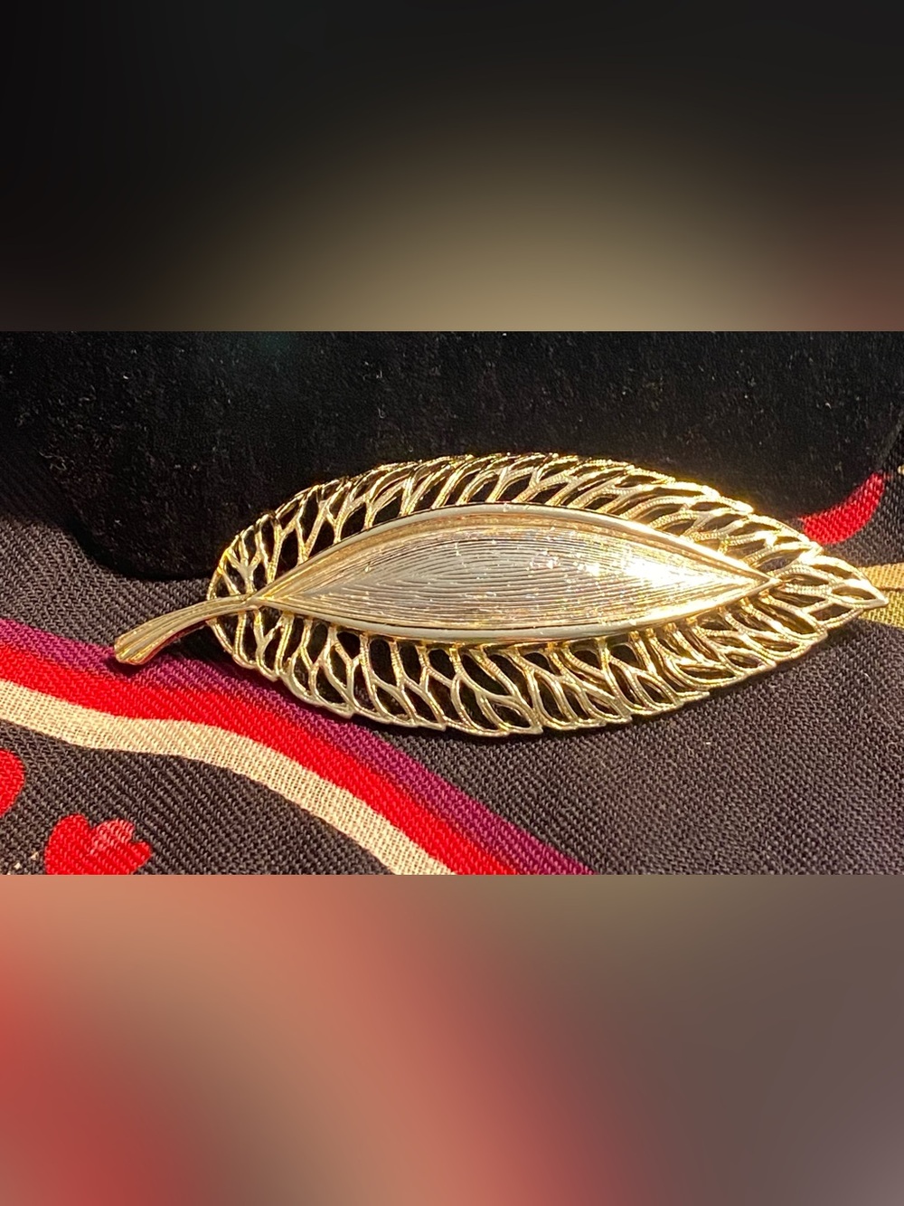 Vintage Mid-Century Gold Leaf Brooch Openwork Filigree Brushed Metal Statement
